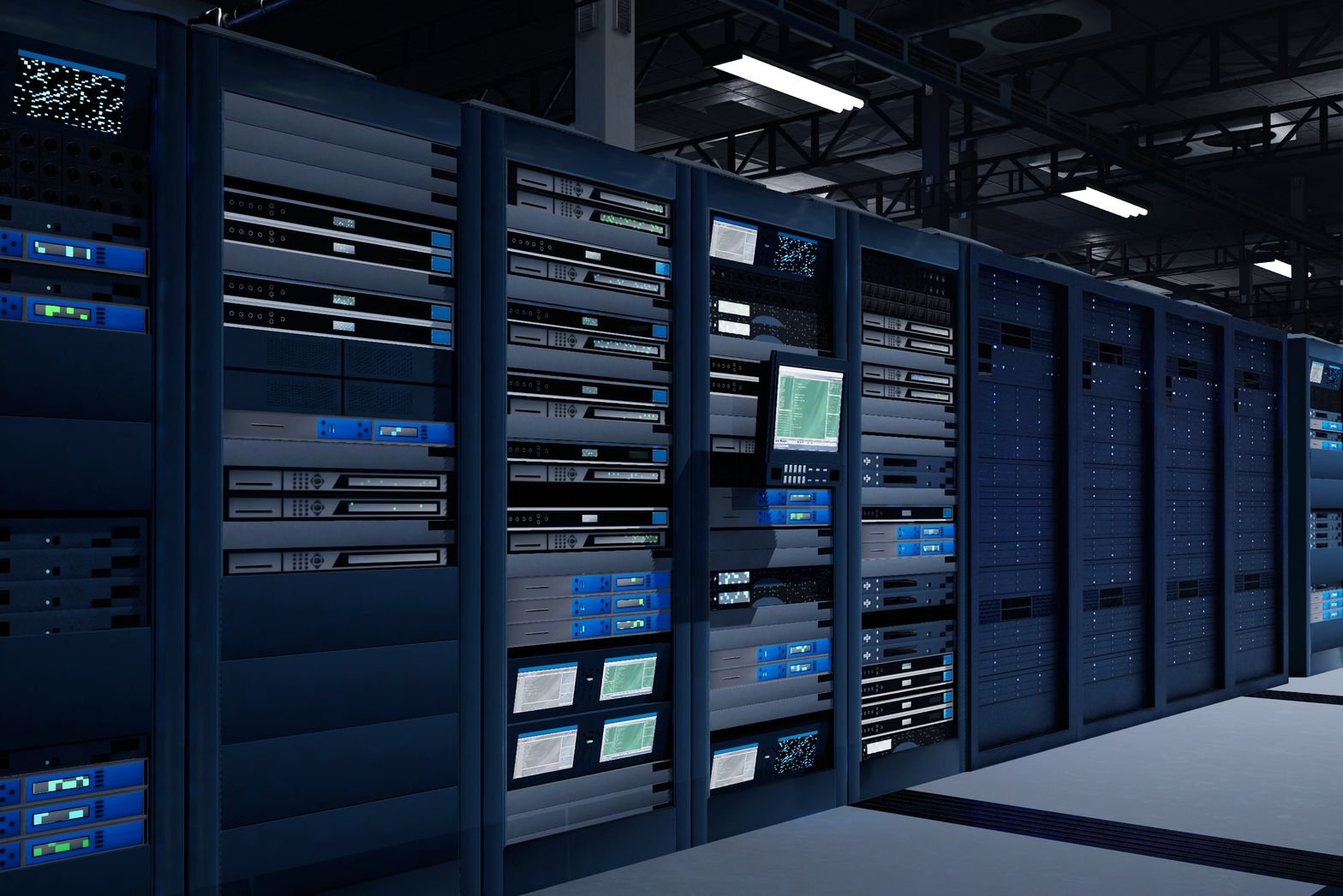 Modern data center with blue server racks